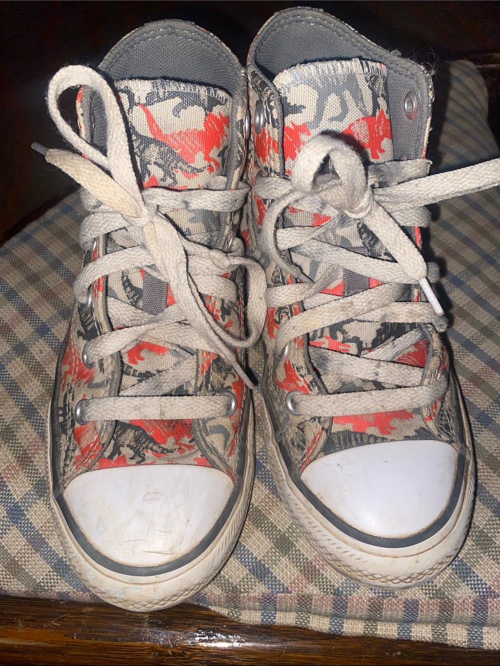 Converse Kids High-Top Sneakers in Gray and Red Dinosaur Print